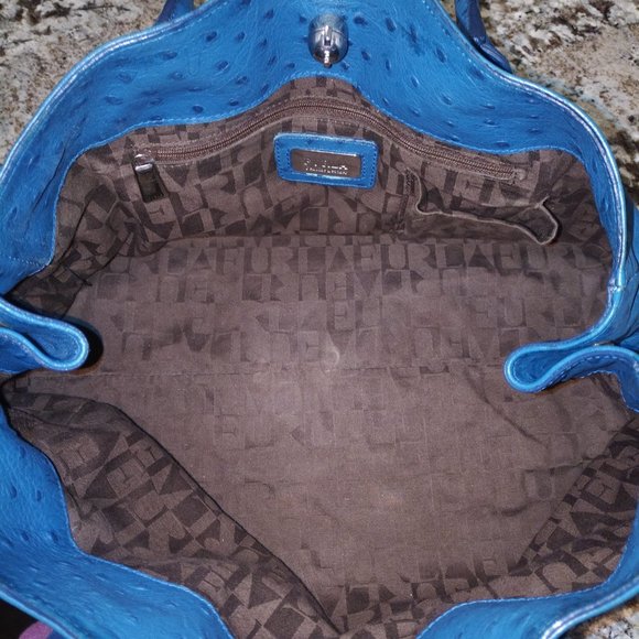 FURLA LIKE NEW APPALOOSA EAST WEST BLUE OSTRICH EMBOSSED LEATHER "TOTE" HANDBAG - Picture 6 of 13